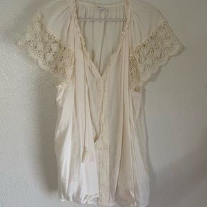 Relaxed Tie-Neck Crochet-Lace Sleeve Blouse for Women